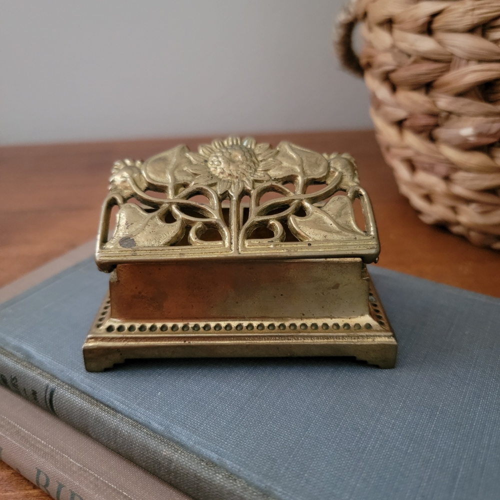 Vintage Brass Stamp Roll Holder  Ornate Floral Sunflower Box Office Desktop